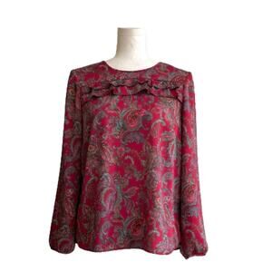 Talbots Blouse Red Burgundy Paisley Ruffle Front Long Sleeve Petite Top Size MP